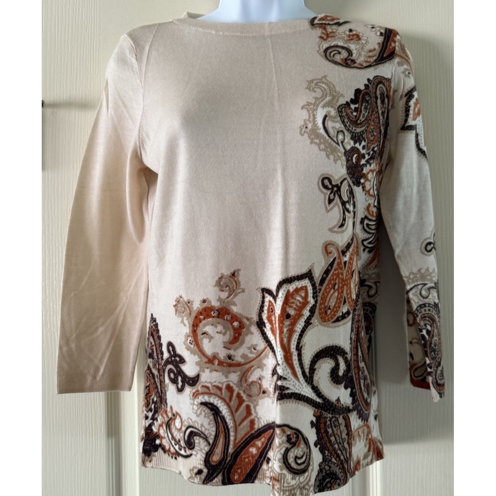 Talbots 100% Merino Wool Beige Orange Paisley Print Knit Size X-Small XS NEW!!! - Picture 1 of 4